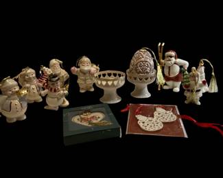 ROHU514 Have A Merry Lenox Christmas Beautiful collection of Lenox snowmen and Santas; filigree heart cutout candle holders; heart and snowmen ornaments; adorable skiing Santa and heavy Venetian egg ornament
