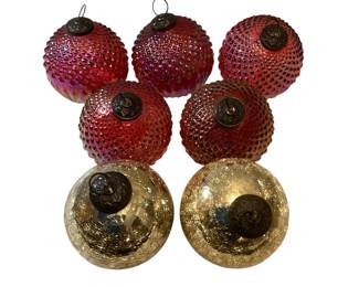 ROHU504 Seven Kugelesque Christmas Ornaments Heavy glass balls, 5 persimmon and 2 metallic crackle gold.&nbsp;
