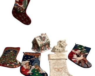 ROHU532 Needlepoint Stockings And Lighted Gingerbread House And Sleigh 5 stockings, 4 are needlepoint with velvet backing. Gingerbread House is 8"x8" and the sleigh is 6"x5".
