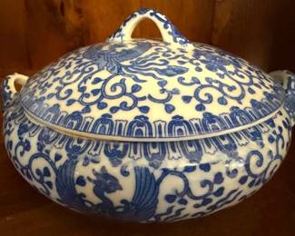Blue white covered dish