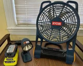Cordless Ryobi drill flashlight fan battery charger and tool bags
