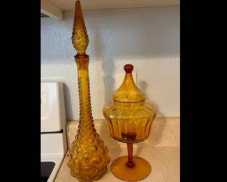 Amber bubble glass decanter and lidded dish