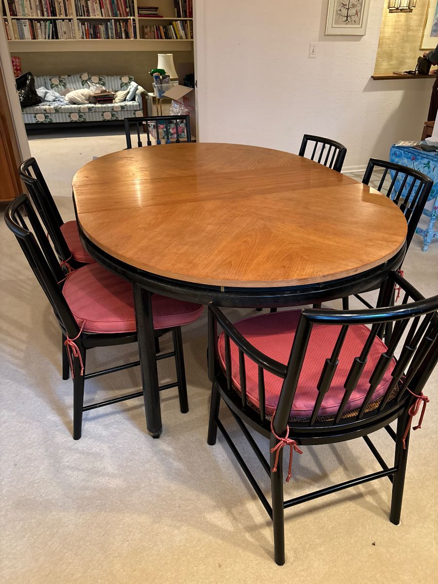 Michael Taylor for Baker Furniture mid-century dining table and six Michael Taylor for Baker mid-century ebonite cane dining chairs.