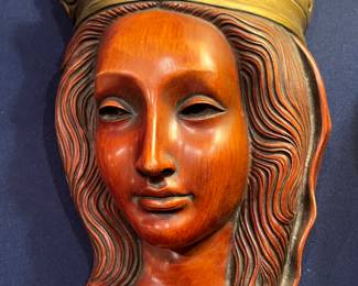 Vintage hanging wood bust of a female. 