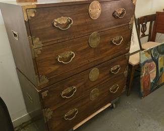Pair of Asian Modern Style  Walnut Campaign Chests - Henredon 1970's 