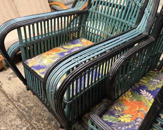 Five Piece Art Deco Stick Wicker Set
Circa 1930 - Attributed to Heywood
Wakefield - 3 Seat Sofa, Large Armchair,
Armchair w/Ottoman, Octagonal Table