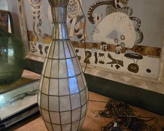 Large Elongated Vase Form Capiz Shell Pendant Chandelier - Circa 1960's