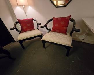 Asian Modern Black Lacquered Horseshoe Back Lounge Chairs Style of James Mont