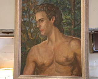 Oil Painting on Board Portrait of Male Nude in Forest Circa 1950