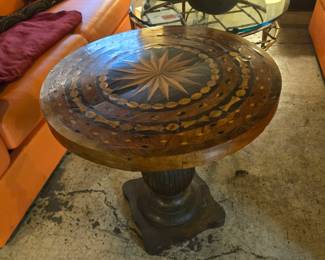 Antique Parquetry Inlaid Compas Design Top Table  w/Fluted Pedestal Base 