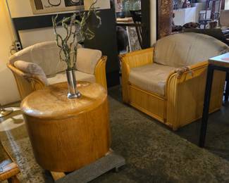 Cylindrical Olive Wood Burl Top Table
Circa 1970
Pair Large Rattan Lounge Chairs
1970 - 1980