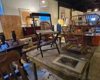 Old Painted Wood & Riveted Metal Campaign Style Folding Chair/Stool