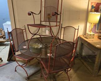 Set of 4 Wrought Iron & Brass Curule Chairs 1960's
Wrought Iron Mesh SteelbGarden Dining Table Woodard Sculptura 1950's