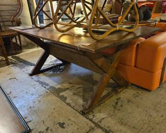 Country Pine Sawbuck Trestle Dining Table Circa 1940