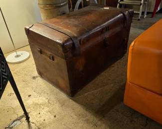 19th Century Brass Riveted Leather Travel Trunk