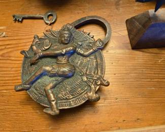 Patinated Brass Padlock w/Krishna, India