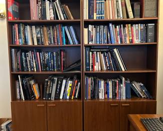 Bookshelf Cabinets, books on Physics and Space, Collectable Caps from Caltech and JPL