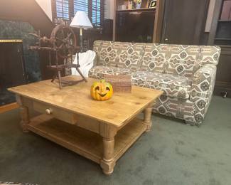 Country Pine Table, Spinning Wheel, Tapestry Upholstered Sofa