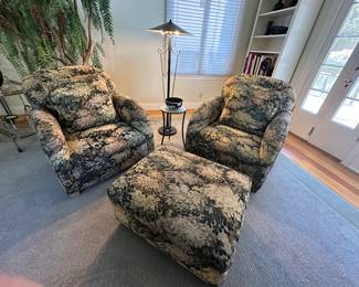 Deco Style Club Chairs with Tapestry Upholstery and Storage Ottoman, Patinated Iron Floor Lamp and Accessory Table