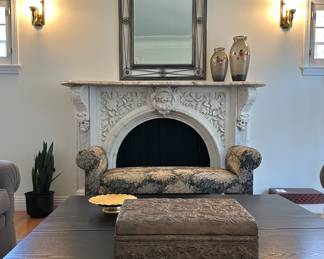 Glazed Iron Framed Mirror, Tapestry Bench, Repousse Metal Box