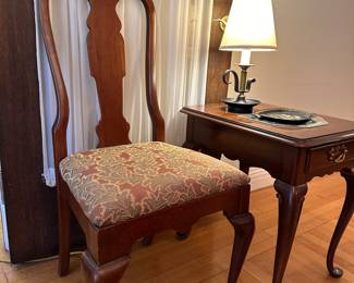 Queen Ann style Dining side chairs, side table, and candlestick lamp