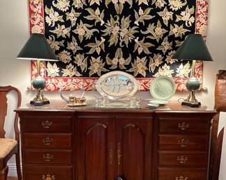 Traditional style storage buffet by Penssylvania House, Crewel-needlework hanging, Brass and Marble Lamps, Tableware Accessories