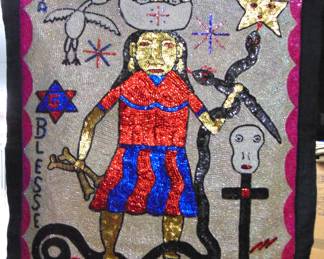 VF 23 Hattian Vodou Flag, by artist RC, beaded textile, approx. 36x36."