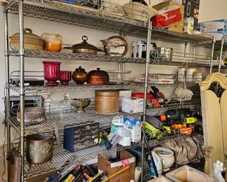 Metal serving pieces, glassware, planters, hand and power tools, (items sold separately).