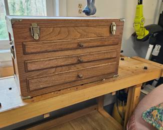 Chest of word working tools and gauges.