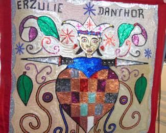 VF 17 Hattian Vodou Flag, by artist ART M P, beaded textile, approx. 36x36."