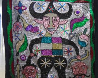 VF 18 Hattian Vodou Flag, by artist M R, beaded textile, approx. 36x36."