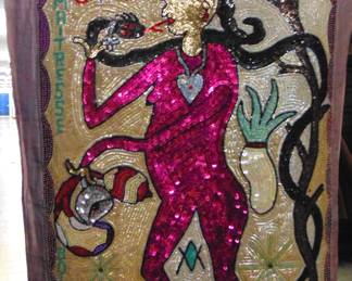 VF 21 Hattian Vodou Flag, by artist M P, beaded textile, approximately 30x42."