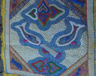 VF12: Hattian Vodou Flag, with fish and offerings, beaded textile, approx.. 24x24"