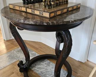 Marble top round table and Chess set, (items sold separately).