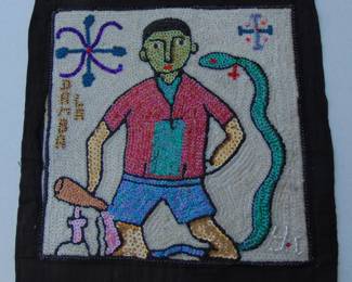 VF 3: Hattian Vodou Flag, Damballa with man and rum, artist "YC", beaded textile, approx. 16x16"