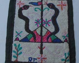 VF2: Hattian Vodou Flag, Two Black Snakes/Damballa w/ Masonic symbols, by "RC", beaded textile, approx. 12x16"