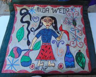 VF 11: Hattian Vodou Flag, of Aida Wedo, the rainbow serpent, signed ART MP, beaded textile, approx. 30x30"