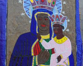 VF 10: Hatian Vodou Flag by artist Rouly Azor, Mary and baby Jesus, beaded textile, approx. 24x36"