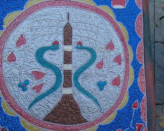 VF7: Hattian Vodou Flag, 2 turquoise snakes and libations, beaded textile, approx. 30x30"