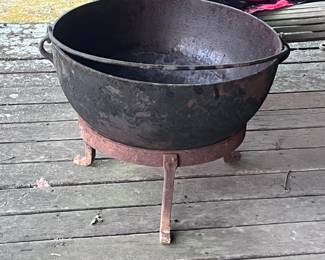 Rare find is this antique 25 Gallon cast iron witches pot with bail, on a stand!