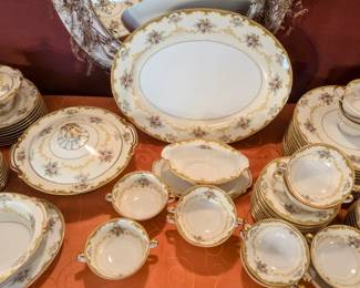 Noritake Charoma pattern - over 50 pieces, including 12 dinner plates, covered vegetable, 10 double handle coupes, other servers and smaller plates. 