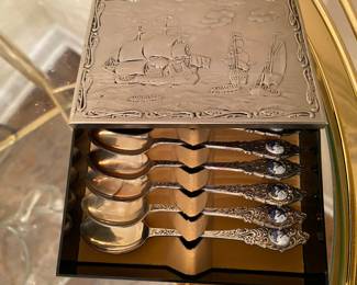 Vintage Demitasse Silver Plate Enamel Spoons/Case