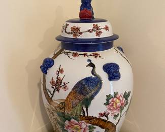 Chinese Polychrome Covered Jar, Painted Peacock Foo Lion Dog 
