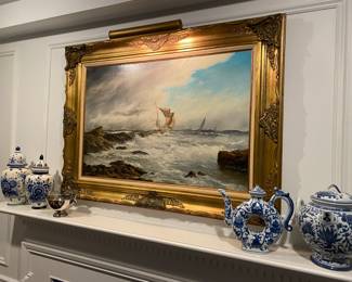 Vintage Oil on Canvas Signed Painting, Lighted, Ornate Gilt Gold Frame