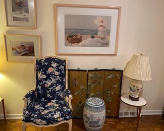 Custom Made Quilted Arm Chair, Chinese Drum Garden Stool, Japanese Silk Screen, Frederick Cooper Table Lamps on MCM Stacking Tables!!