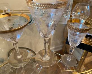 Vintage  Moser Crystal Etched Gold Trim Stemware