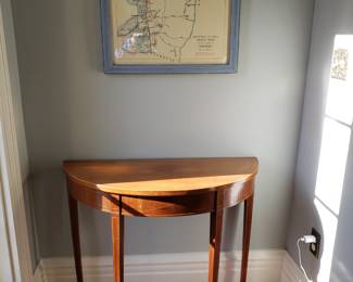 Demilune federal-style inlaid entry table.  Framed map of historic Bourne village.