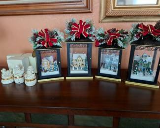 LIGHTED WINTER HOUSES IN GLASS BOXES, LENOX TRINKET BOXES