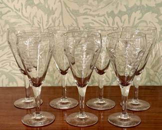 (7) Etched Wine Glasses with Grape Motif