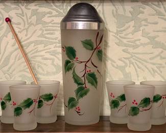 Vintage 1940's Hand Painted Frost Glass Holiday Martini Set